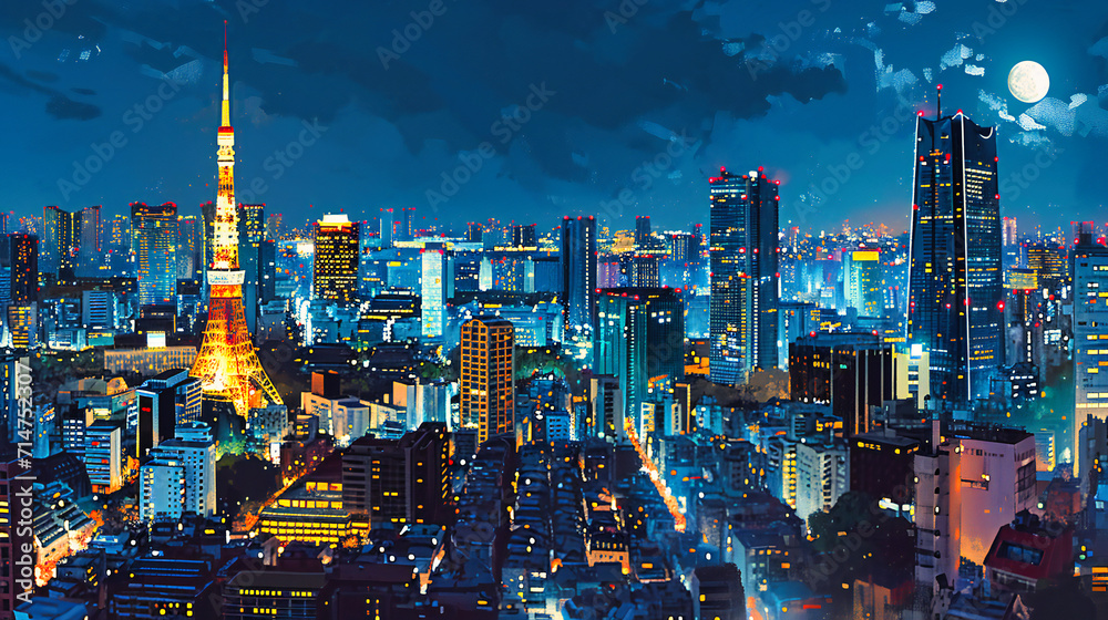 Obraz premium Aerial view of an urban cityscape at night with skyscrapers and city lights.