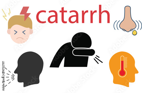 Catarrh,Rhinitis. Symptoms,Vector signs for web graphics,Nasal sinus. Healthy and medicine vector,Anatomy nose,Person has influenza. Seasonal flu symptoms. Cough or sneeze. Fever and cold,five