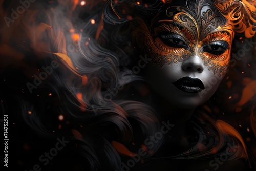 Beautiful woman in black carnival mask with smoke on dark background. abstract background March 3: Bali's Day of Silence (Nyepi) photo