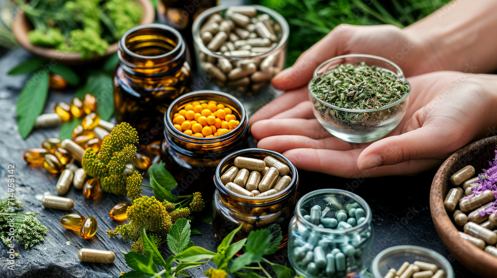 Supplements and vitamins with medicinal herbs. Selective focus. Generative AI,