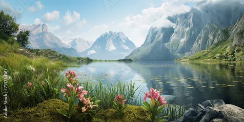 Wunderschöne grüne Landschaft mit Bergen Schnee und einem See, ai generativ photo