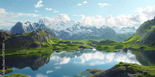 Wunderschöne grüne Landschaft mit Bergen Schnee und einem See, ai generativ photo