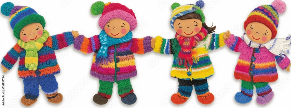 Cute decorative knitted craft object, farandole of kids holding hands, dancing a round dance, little woolen dolls representing happy kids in winter, christmas and new year seasons greeting card