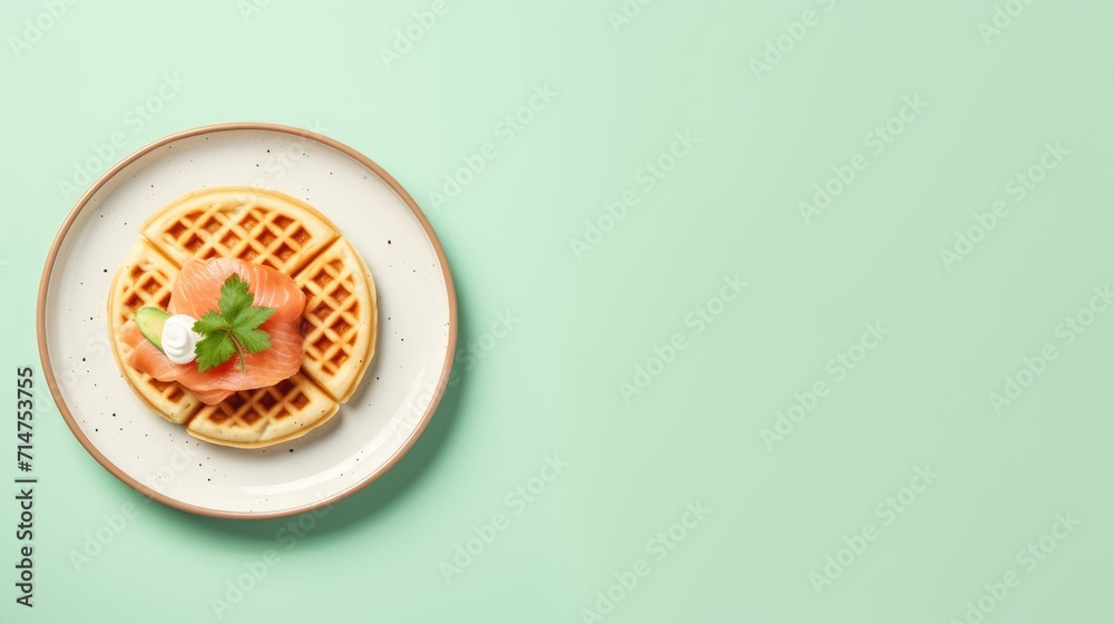 breakfast - waffle, salmon, avocado in a minimalist retro style breakfast - waffle, salmon, avocado in a minimalist retro style