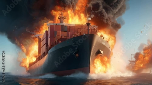fire in the cargo ship at war, Seamless Animation Video Background in 4K Resolution	 photo