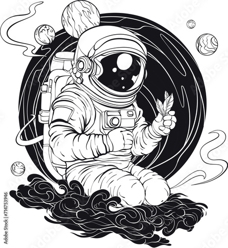 Black and white astronaut holding a plant
