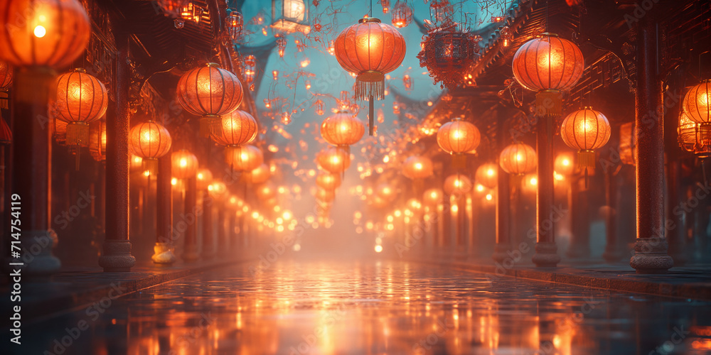 Japanische und Chinesische Kultur mit roten Lampen zum Neujahr, ai generativ