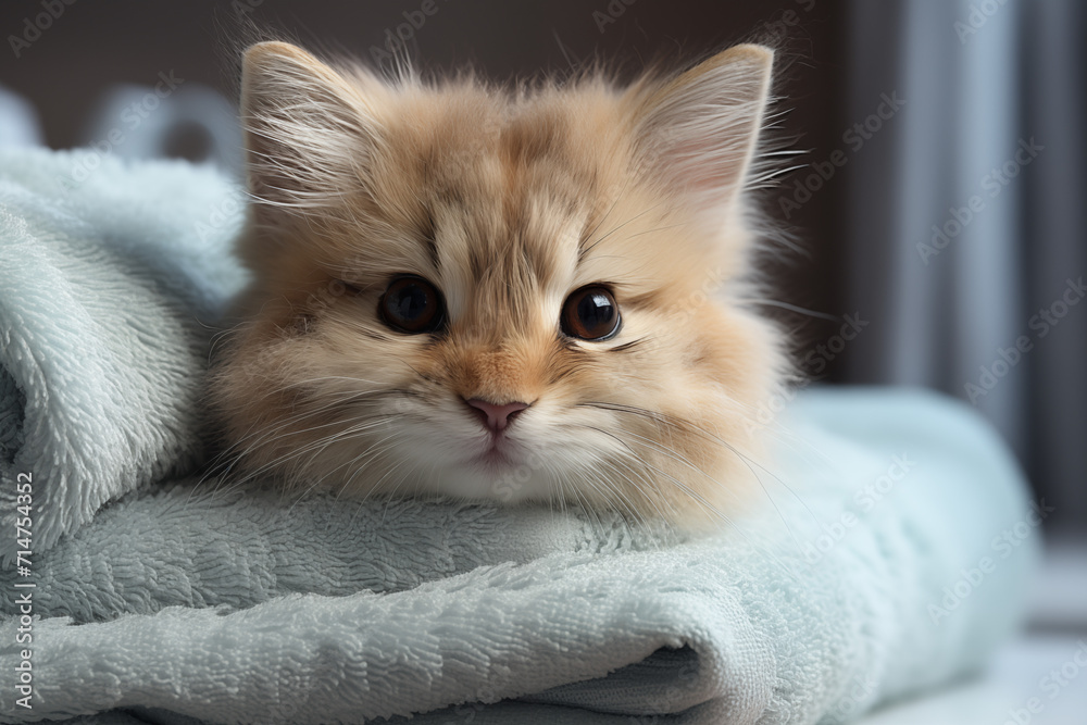 Süße Katze liegt auf einem flauschigen Handtuch, kuschelige Katze beim Wellness, Schmusekater