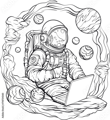 Astronaut in spacesuit working using laptop