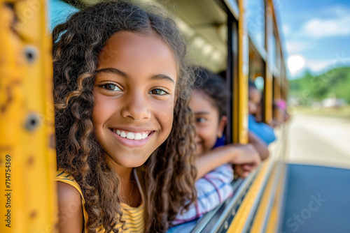 Closeup of Kid Girl on the School Bus. Child Girl Going to School on the Bus. Childhood Concept.