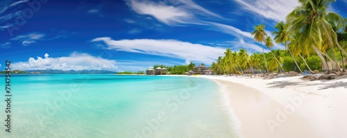 Beautiful white beach and amazing sea, lush green palm trees, pristine white sands. Perfect vacation concept. © Filip