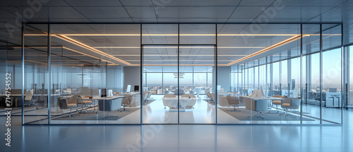 Modern contemporary  co-working office interior with copy space. Glass partitioned office in skyscraper building