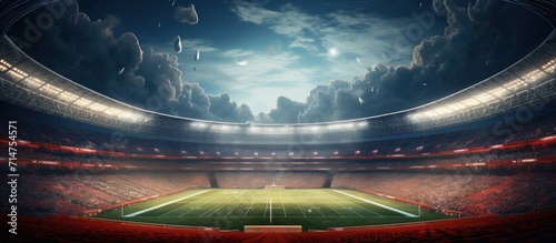 American football stadium with green field ready for game. AI generated image