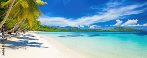 Beautiful white beach and amazing sea, lush green palm trees, pristine white sands. Perfect vacation concept.
