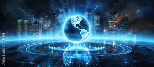 Digital futuristic globe communication network with neon light effect. AI generated image