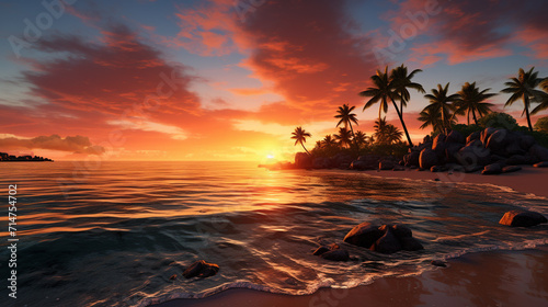 A tropical ocean beach sunset picture with palm trees and ocean waves, capturing the serene beauty of a beach sunset