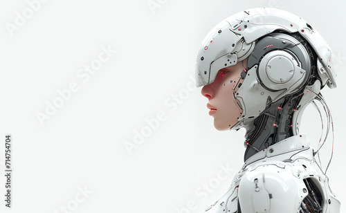 A future female robot , realistic face human-like, bionic futuristic capable. On white background 