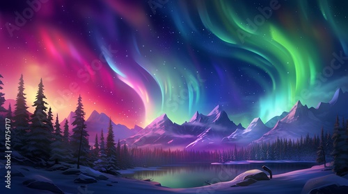northen light scene with many colors and lights and mountains colorfull © Rosanna