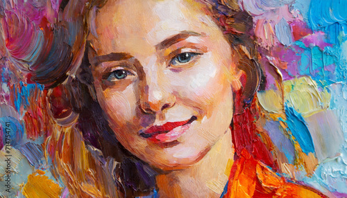 Portrait of beautiful young woman. Smiling female colorful oil painting.