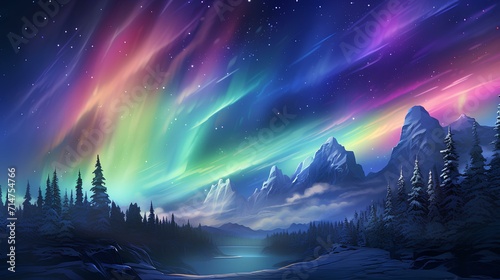 northen light scene with many colors and lights and mountains colorfull photo