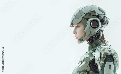 A future female robot, camouflage military suit, realistic face human-like, bionic futuristic capable. On white background 