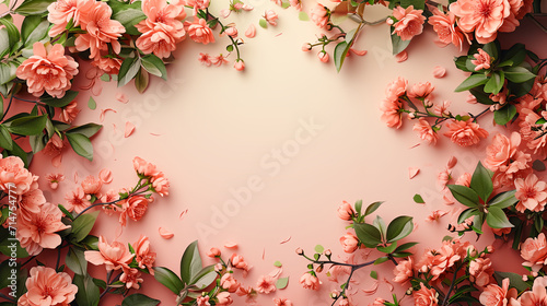Floral flowers and leaves form up a shape of circle frame and empty copy space at center. Floral frame mockup. Blank background  © ChubbyCat