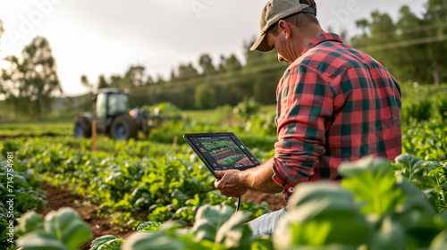 A farmer working in a vegetable farm field, inspecting and tuning irrigation center pivot sprinkler system on smartphone tablet device. photo