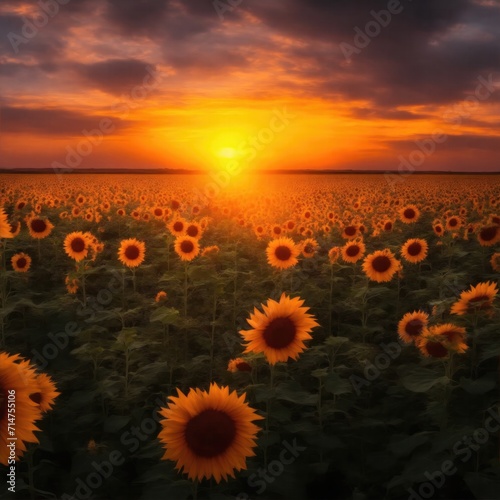 The golden light illuminates a field of sunflowers, sunset over a vast rolling landscape