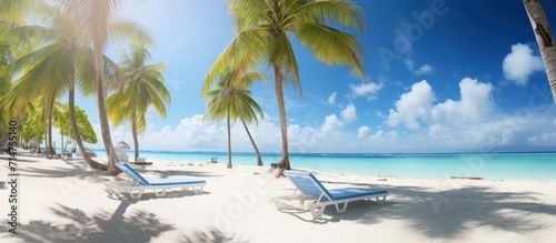 Beautiful landscape Palm trees with sun loungers on tropical beach background. AI generated image