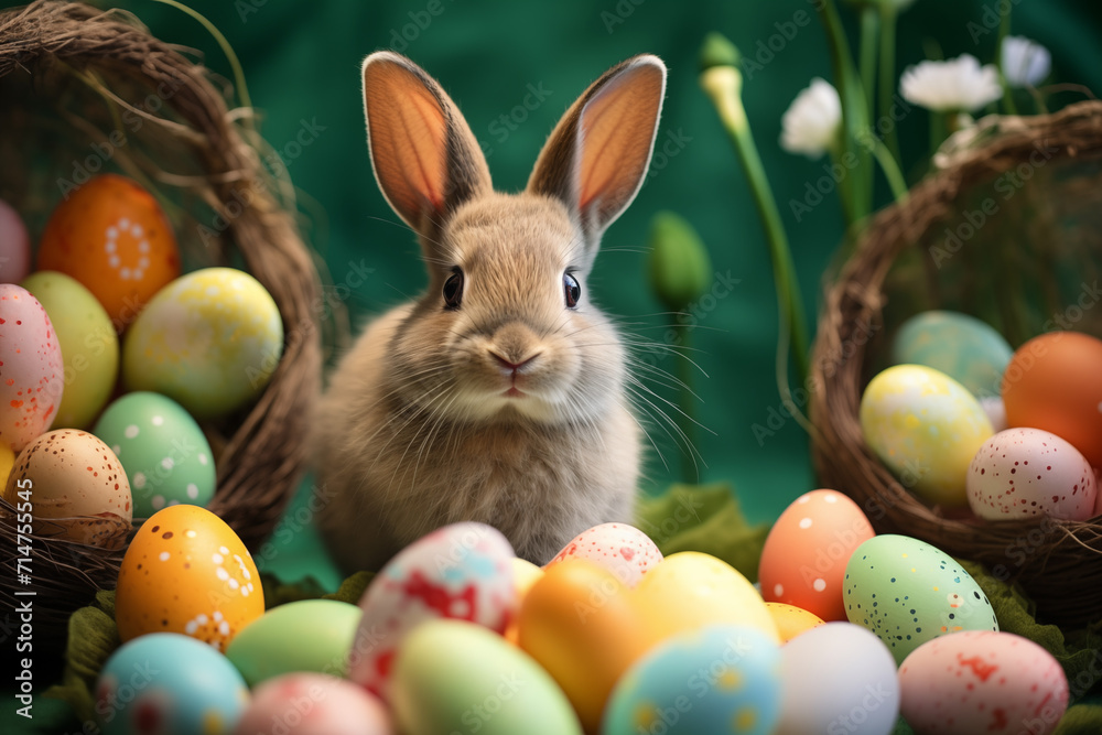 Osterhase mit vielen bunten Eiern, Hase versteckt Ostereier zwischen bunten Blumen, Glückliches Kanninchen Osterhase mit vielen bunten Eiern, Hase versteckt Ostereier zwischen bunten Blumen, Glückliches Kanninchen