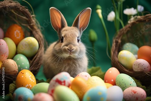 Osterhase mit vielen bunten Eiern, Hase versteckt Ostereier zwischen bunten Blumen, Glückliches Kanninchen © GreenOptix