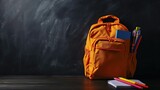 The background is related to school, a backpack with school equipment on the background of an empty blackboard. Created with Generative Ai technology.