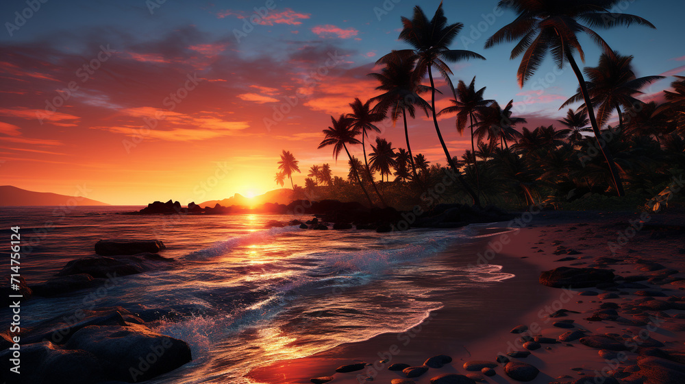 Colorful sunset island tropical beach scenery with palm trees, beach sunset wallpaper