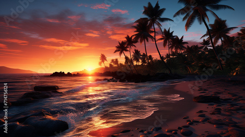 Colorful sunset island tropical beach scenery with palm trees, beach sunset wallpaper