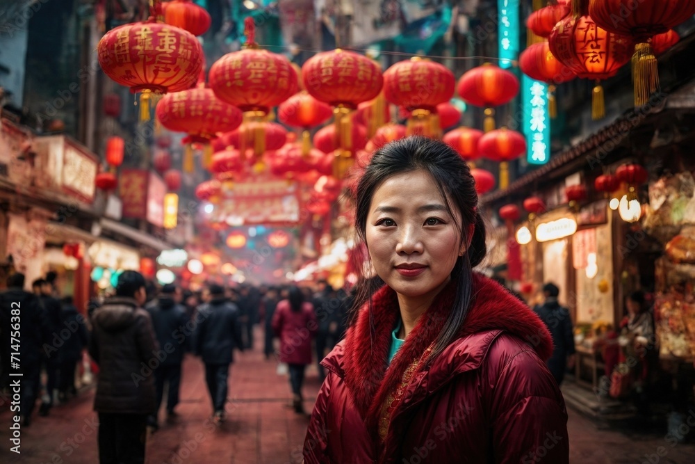 chinese woman in traditional dress celebrating asian new year on the street	