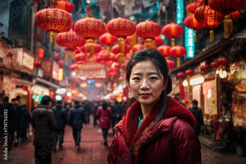 chinese woman in traditional dress celebrating asian new year on the street 