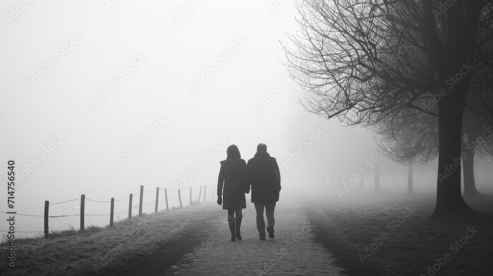 Two People Walking Down Foggy Path Two People Walking Down Foggy Path