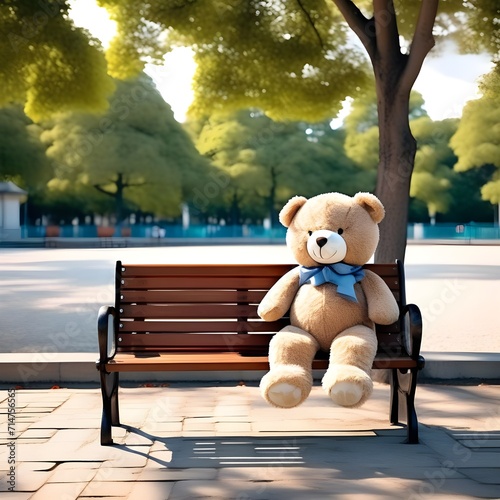 Single teddy bear on bench on the park, Ai Generated