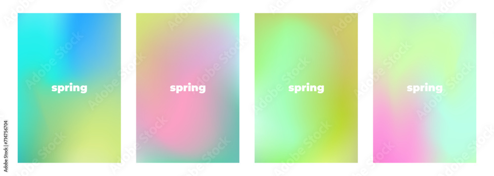 Set of Springtime color backgrounds with bright blurred gradients for Spring season creative graphic design. Vector illustration.