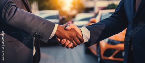 Closeup handshake of salespeople to customer after deal the sale of a new car. AI generated image photo