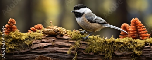 Beautiful chickadee bird on amazing stump.