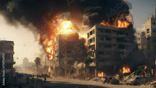 fire in the city after war, Seamless Animation Video Background in 4K Resolution	 photo