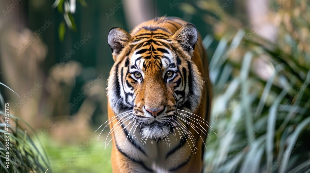 Tiger Roaming Through Vibrant Green Forest Tiger Roaming Through Vibrant Green Forest