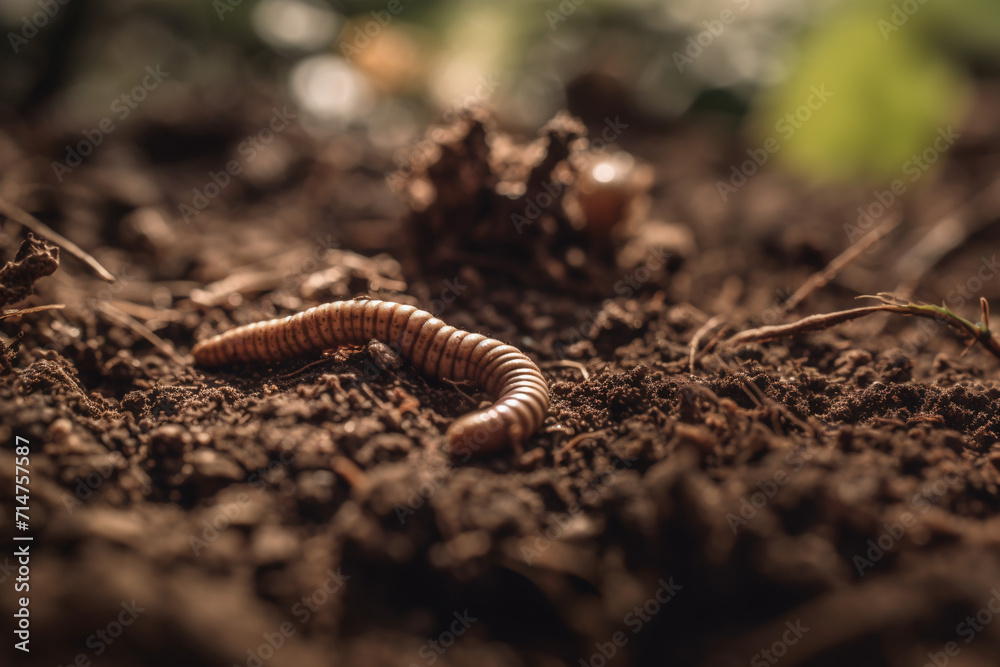 Close-up of a worm on loose, sunlit brown soil, capturing intricate details and textures in a natural setting Close-up of a worm on loose, sunlit brown soil, capturing intricate details and textures in a natural setting
