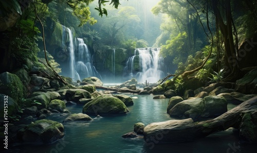 Amazing tropical forest with beautiful lake and fast flowing waterfall over boulders in background.