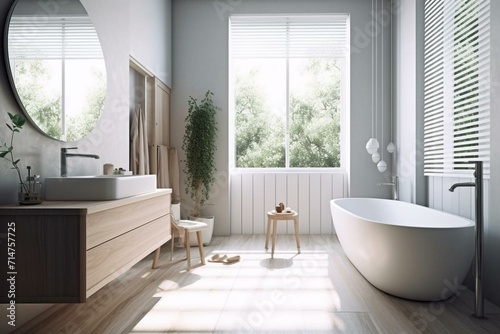 Bright bathroom with a spacious window  illuminated by natural light. Generative AI