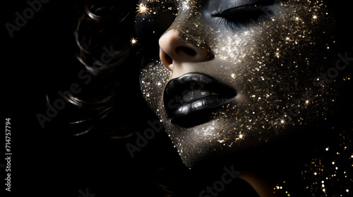 Gros plan sur le visage d'une jeune femme maquillée, avec des paillettes, sur fond noir. Paillettes scintillantes et dorées.  Maquillage, beauté, mode. Pour conception et création graphique. photo