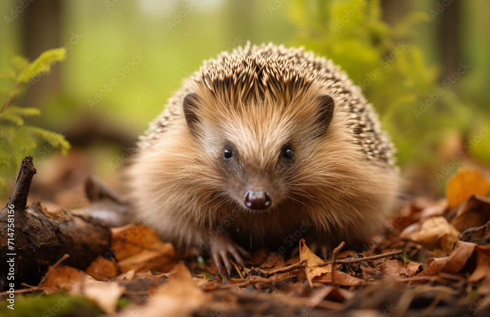 Igel sitzt im Sonnenschein im Wald auf Moos und Laub, Stacheliger Igel im Wald
