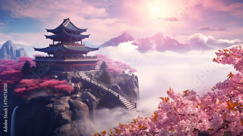 Stunning mountain view of Asian temple amidst mist and blooming sakura trees in misty haze symbolizing harmony between nature and spirituality  breathtaking allure of nature