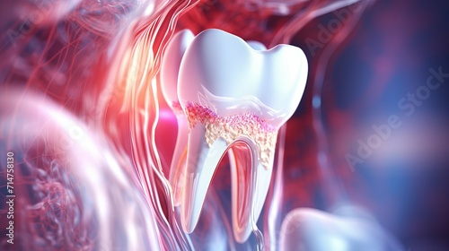Translucent tooth with visible pulp, vessels and nerves against vibrant abstract backdrop intricate complexity of dental anatomy, maintaining robust tooth roots and vital pulp for oral well being